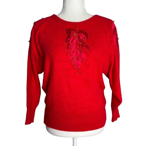 Vintage Fontaine Knit Red Angora Pullover Sweater Beaded Leaf Applique - Picture 1 of 7